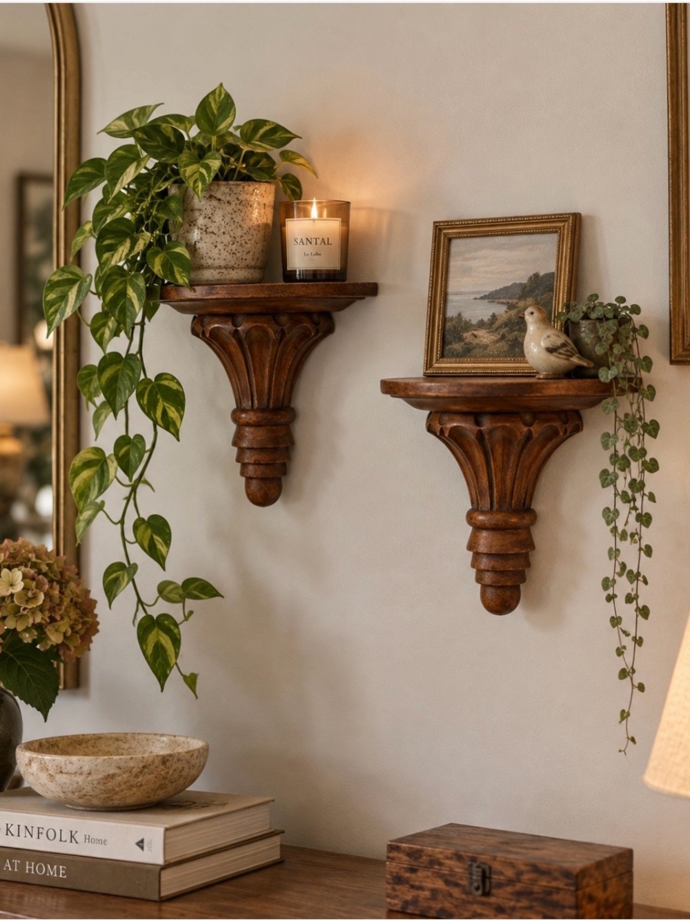 Vintage Hand-Carved Wood Wall Shelves Corbels – Pair – Handmade Thailand